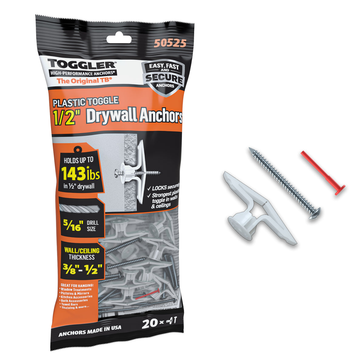 TOGGLER Toggle TC Commercial Drywall Anchor, Polypropylene, Made in US TOGGLER Toggle TC Commercial Drywall Anchor, Polypropylene, Made in US